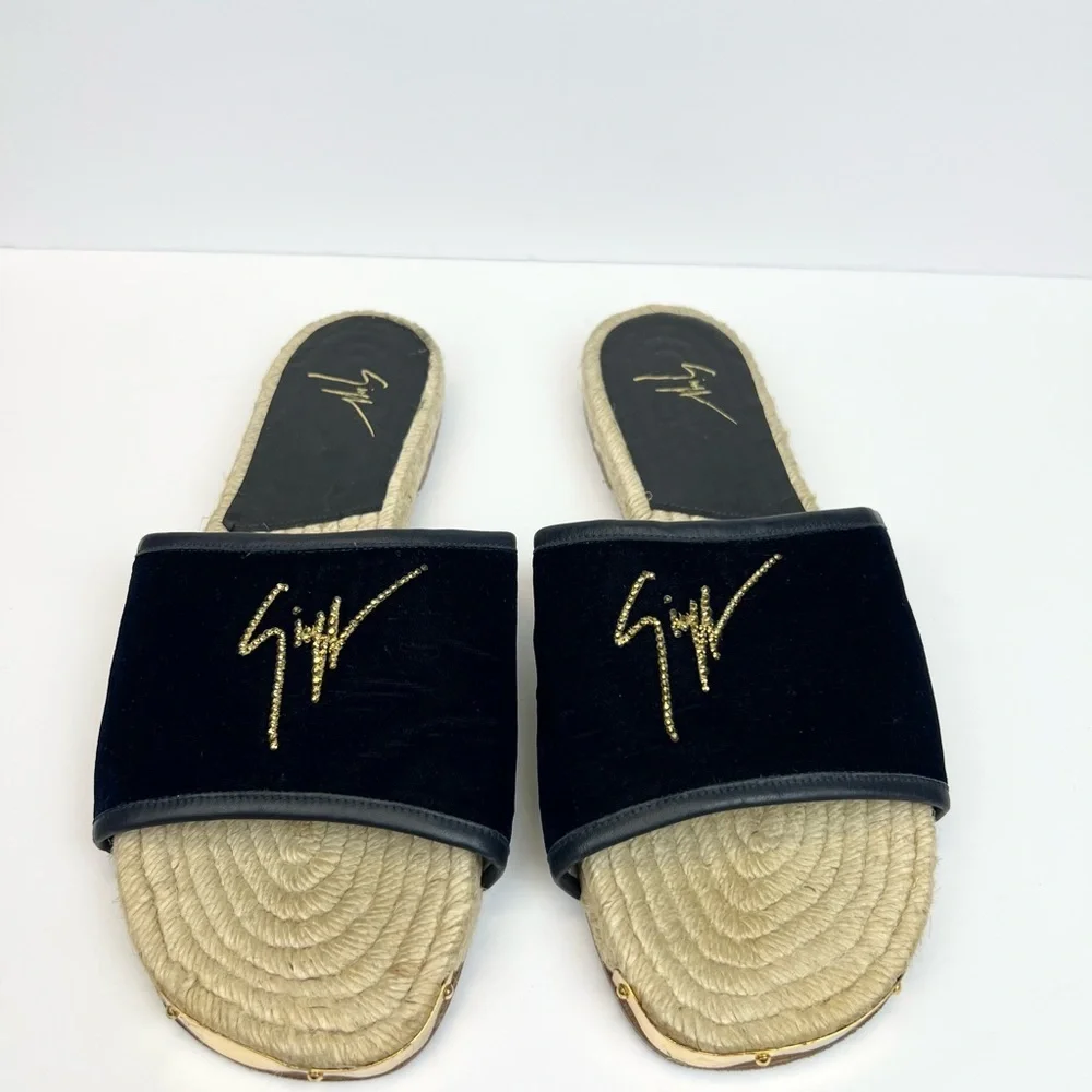 Giuseppe Zanotti Brett Slides Black Velvet Upper Gold-tone Us 13 EU 44 Sandals